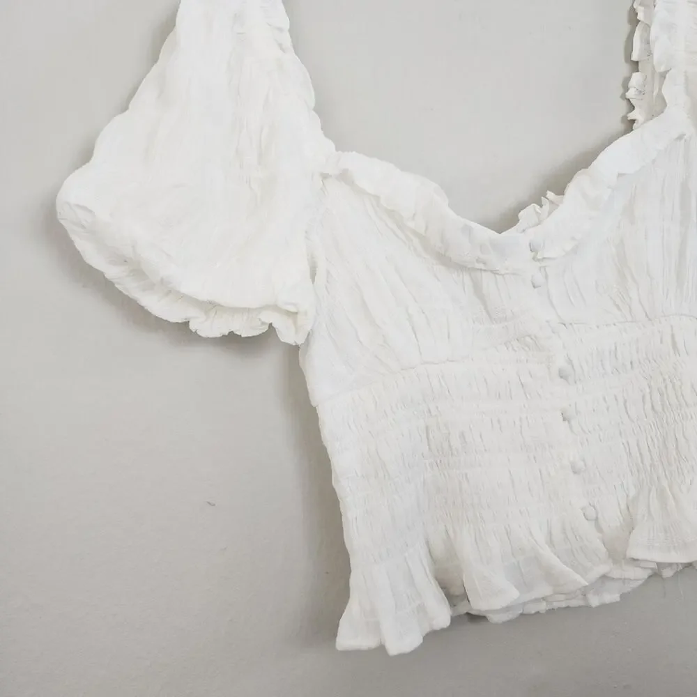 ASTR the Label Anza White Smocked Ruffle Puff Sleeve Top Sweetheart NWOT Large